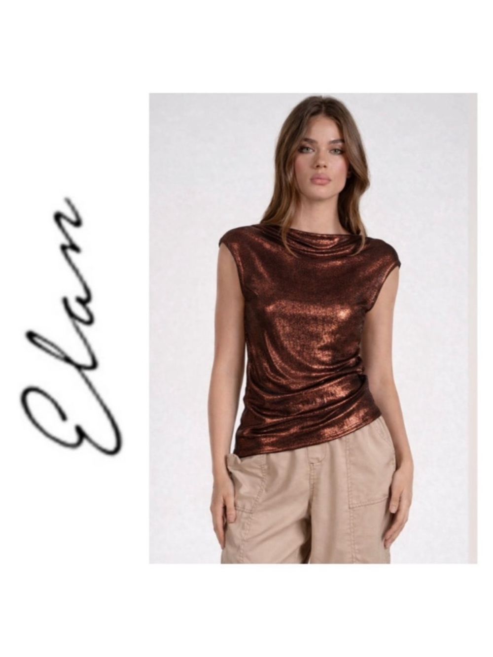 NWT Elan Katie Scoop Back Metallic Top in Metallic Brown Size Small